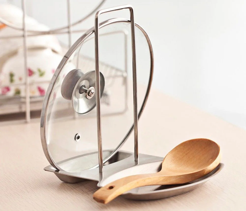 

Stainless Steel Pan Pot Cover Lid Rack Stand Spoon Holder Stove Organizer Storage Soup Spoon Rests Kitchen Accessories