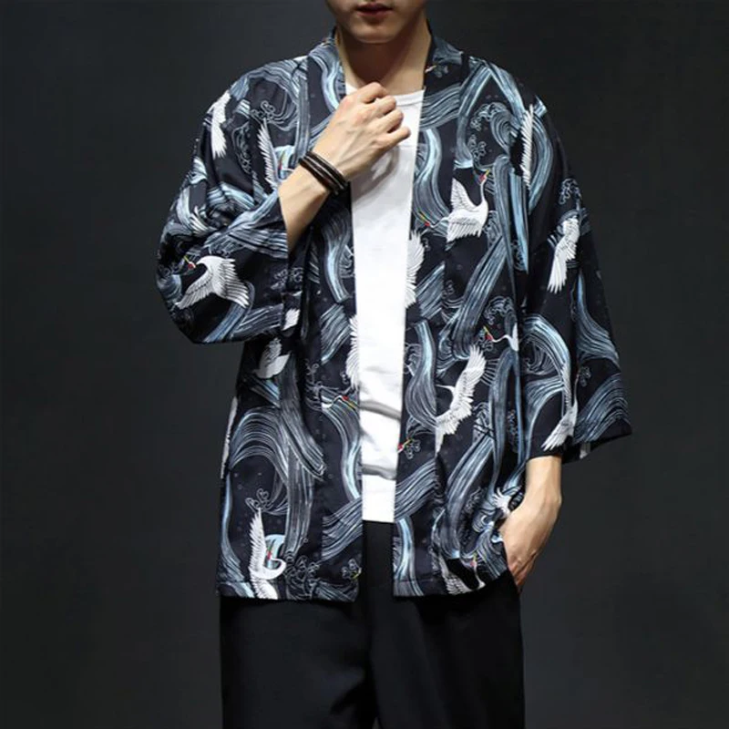 Юката кимоно Obi самурайский кран японский стиль Haori халаты Мужской кардиган