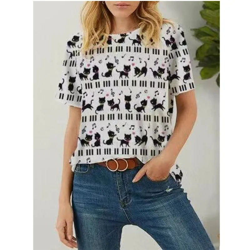 

2021 New Casual Loose Women Short Sleeve O-Neck Sweet Flowers Animal Pullovers Female Summer Sexy Printed Cartoon Tops