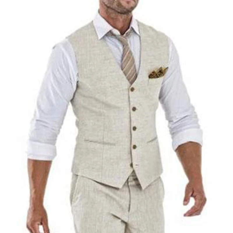 Beige Linen Men Vest for Wedding Summer Suit One Piece WasitCoat V Neck Custom Groom Tuxedo Wasit Coat New Fashion