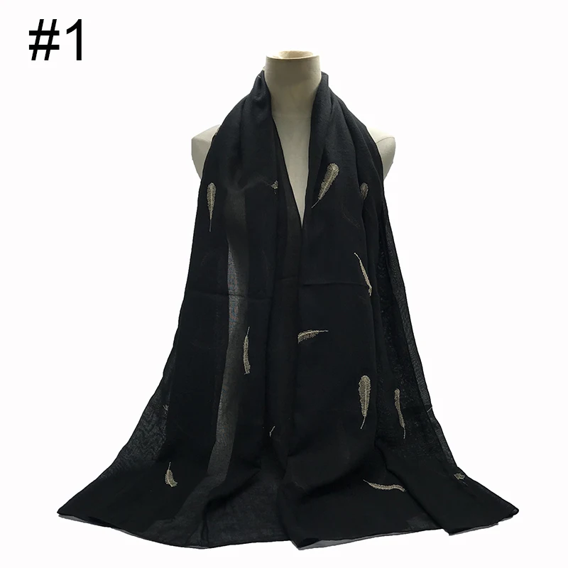 Модный шарф с перьями, шаль с золотой вышивкой, мусульманский хиджаб, популярные женские шарфы, мягкий шарф из пашмины, 1 шт