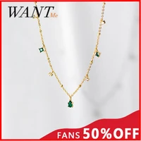 wantme luxury pave green geometric zircon clavicle chain necklace for women real 925 sterling silver princess wedding jewelry