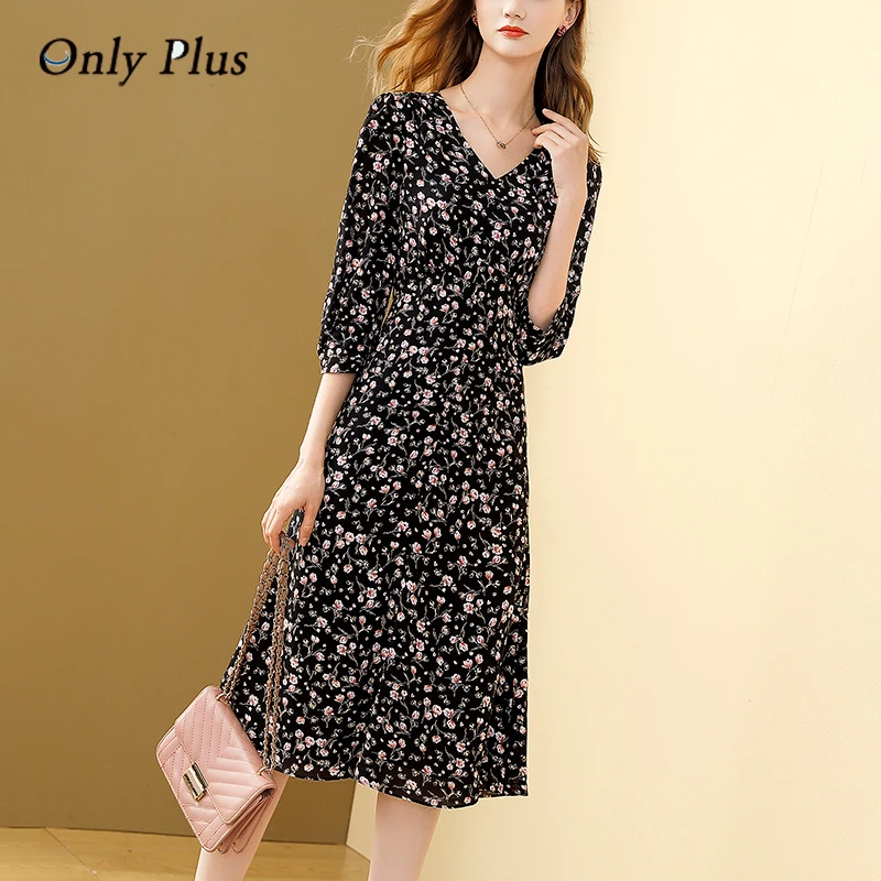 

Only Plus V-neck Floral Black Women Fashion Dress Spring Elegant A-line Chiffon Printed Dresses Bohemian All-match Vestidos