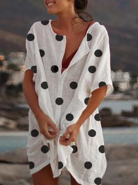 

2019 cotton hemp dot large loose women's medium long short sleeve shirt top