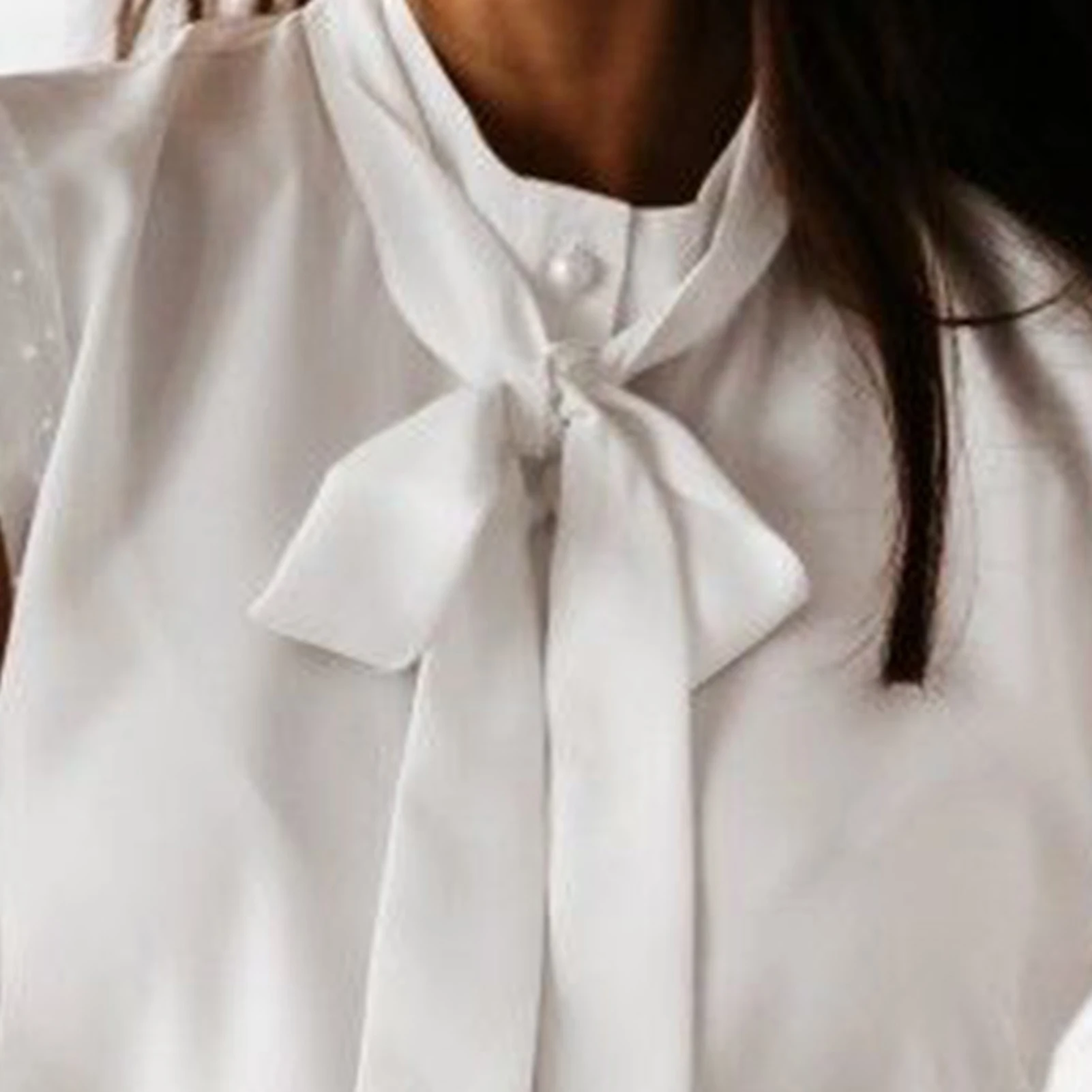 

Women See Through Dot Print Mesh Long Sleeve Buttons Bowknot Shirt Blouse Top