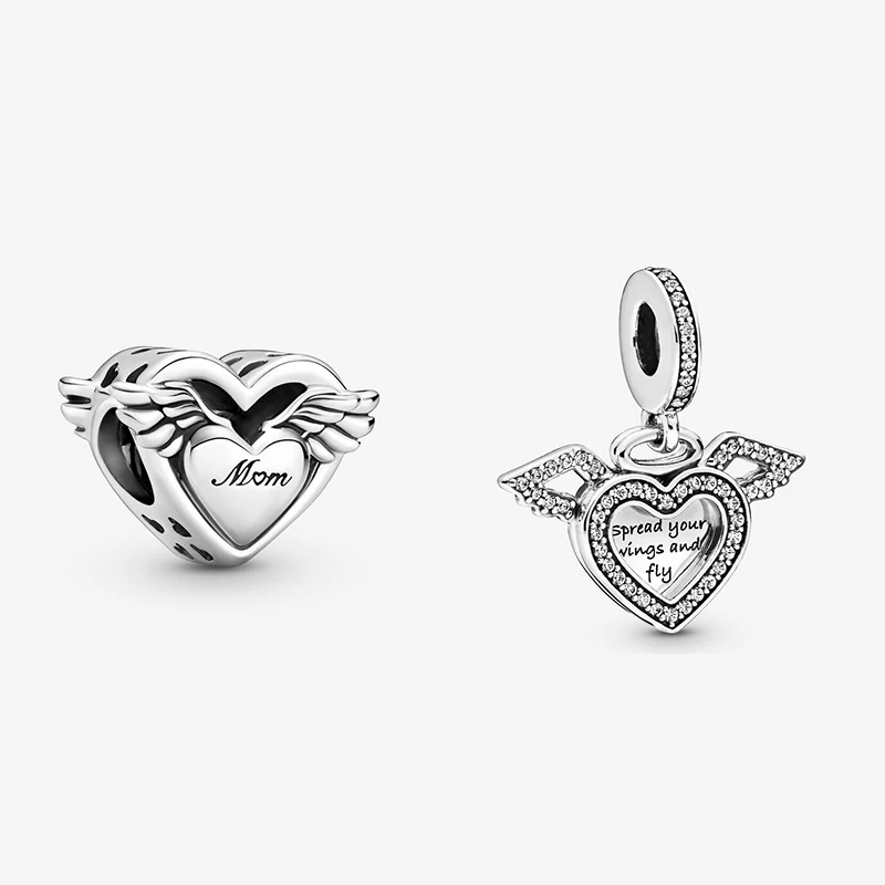 

New Original 925 Sterling Silver Bead Heart Angel Wings Mom Charm Fit Pandora Bracelet Necklace DIY Women Jewelry