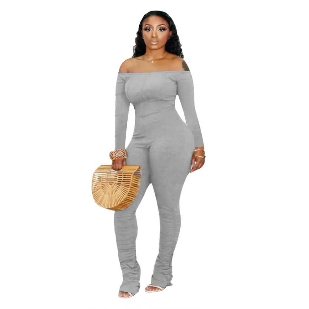 

Elegant Off Shoulder Solid Body Rompers Womens Jumpsuit Sexy Long Sleeve Stacked Leggings Bodycon Jumpsuit Women Clothing