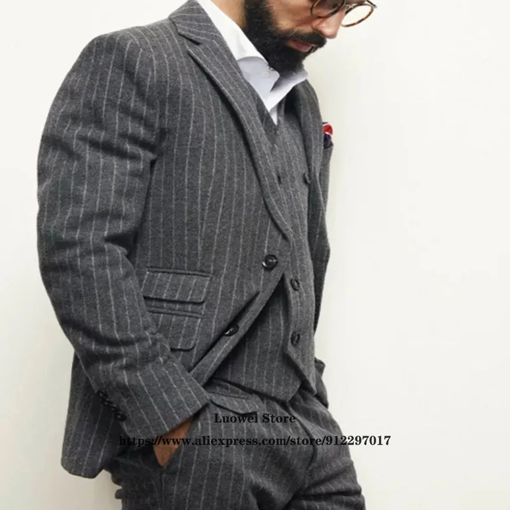 Мужской шерстяной твидовый костюм в полоску свадебный смокинг для жениха
