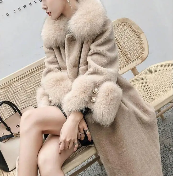 khaki color Элегантное модное длинное шерстяное пальто со съемным меховым воротником, шерстяное пальто и куртка, однотонные женские пальто на осень и зиму - Цвет: khaki color