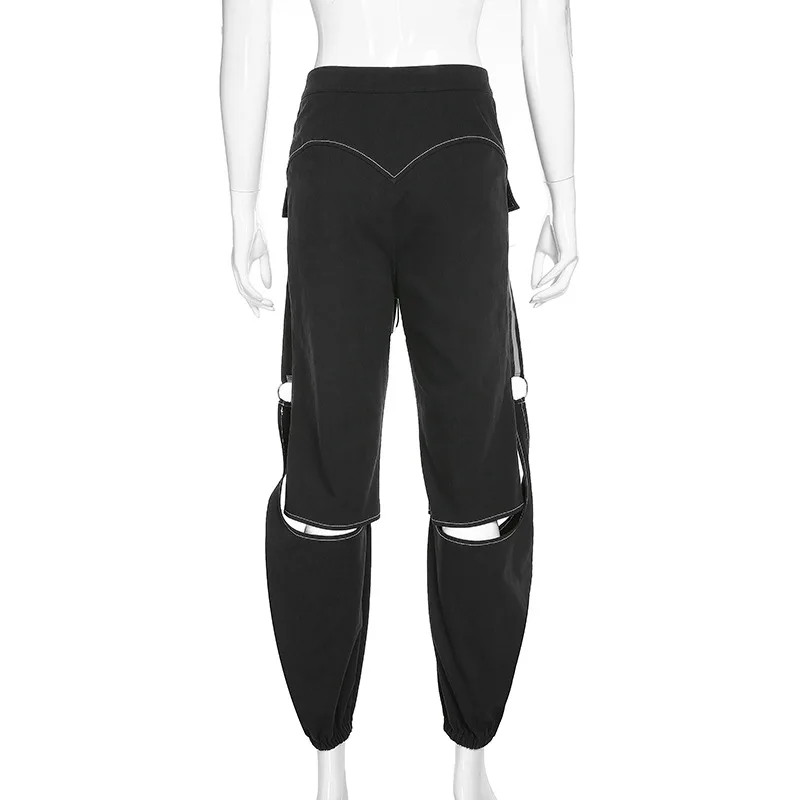 

Jocecat Black Punk Cargo Pants Women Hollow Out Lace Up Gothic Baggy Trousers Patchwork Ribbon Pockets Buckle Pants Streetwear