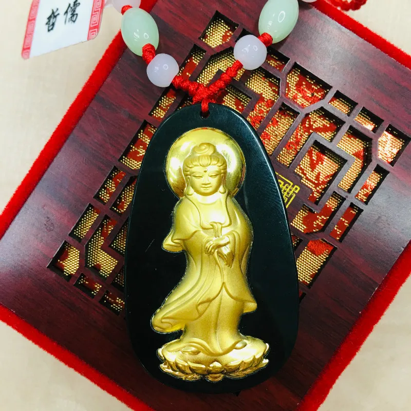 

Zheru Natural Hetian jade pendant Inlaid with gold Guanyin Buddha pendant with green bead necklace Send certificate