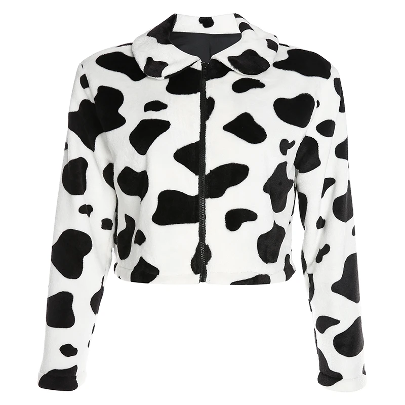 

XUXI Streetwear Short Coat Autumn 2020 Women Sexy Dairy Cow Printing Fashion Zip Cardigan Loose Long Sleeves Clothes FZ2535