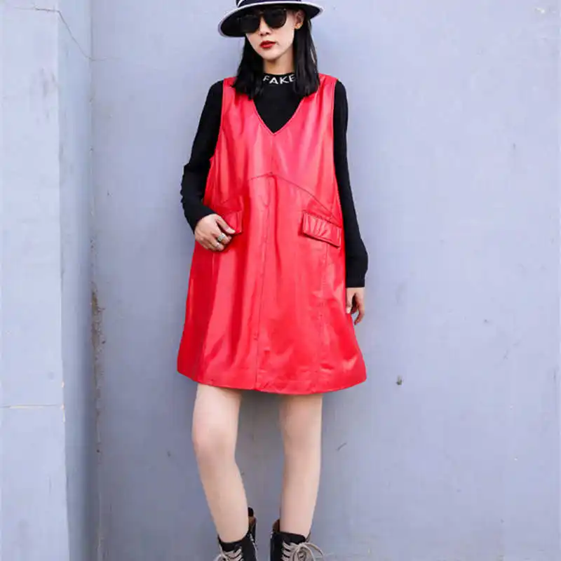 

Autumn Style Europe Winter Women's V-neck leather dress High quality Sheepskin Genuine leather sundress C652