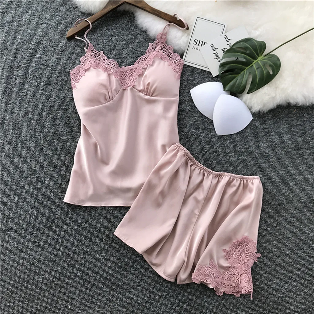 

Women's Pajamas Sexy Lace Sling Shorts Female Sleepwear Pijama Mujer V-neck Sleeveless Pyjama Pour Femme Pajamas With Chest Pad