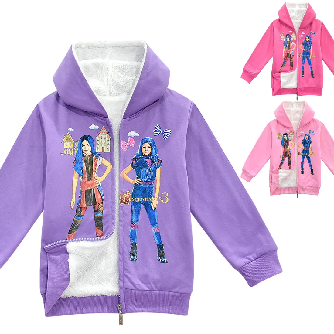 Осенняя детская куртка кардиган с капюшоном принтом Потомки утепленная плюшевая