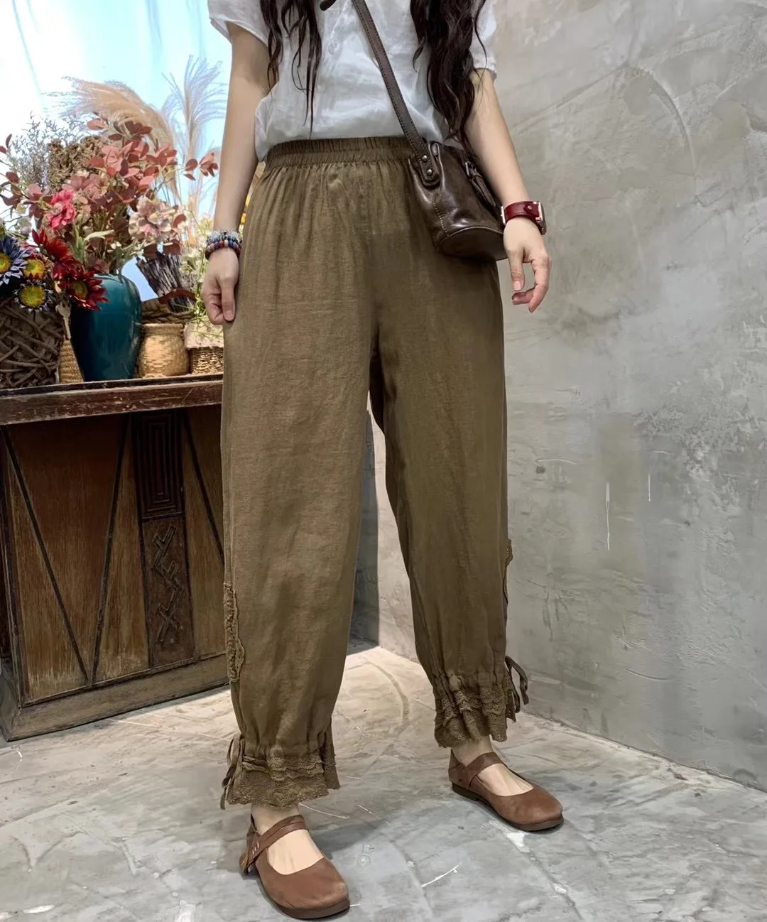 

Cotton Linen Women's linen bloomers New Spring Summer Mori Girl Lace Loose Harlan Carrot Pants