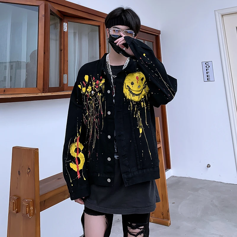 

Harajuku Graffiti Painted Smiley Jeans Jacket Men and Women Streetwear Oversize Washed Denim Coat Windbreaker Loose Casual Tops