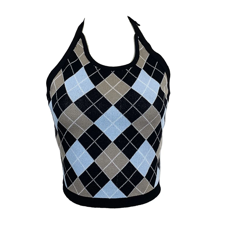 

2021 Summer Short Check Pattern Knitted Halter Strap Women's Top with Beautiful Back Wild Slim Slimming Vest Corset