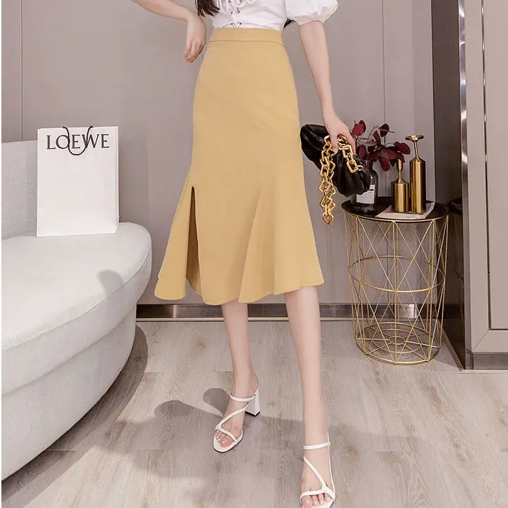 

Женская Асимметричная юбка-годе, Однотонная юбка с разрезом и высокой талией, E275, лето 2021