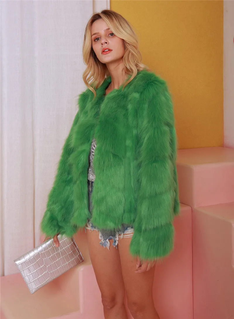 LANSHIFEI New Faux Fur Coat High Quality Fashion Slim Black Red Pink Faux Fur Jacket Fake Rabbit Fur Coat