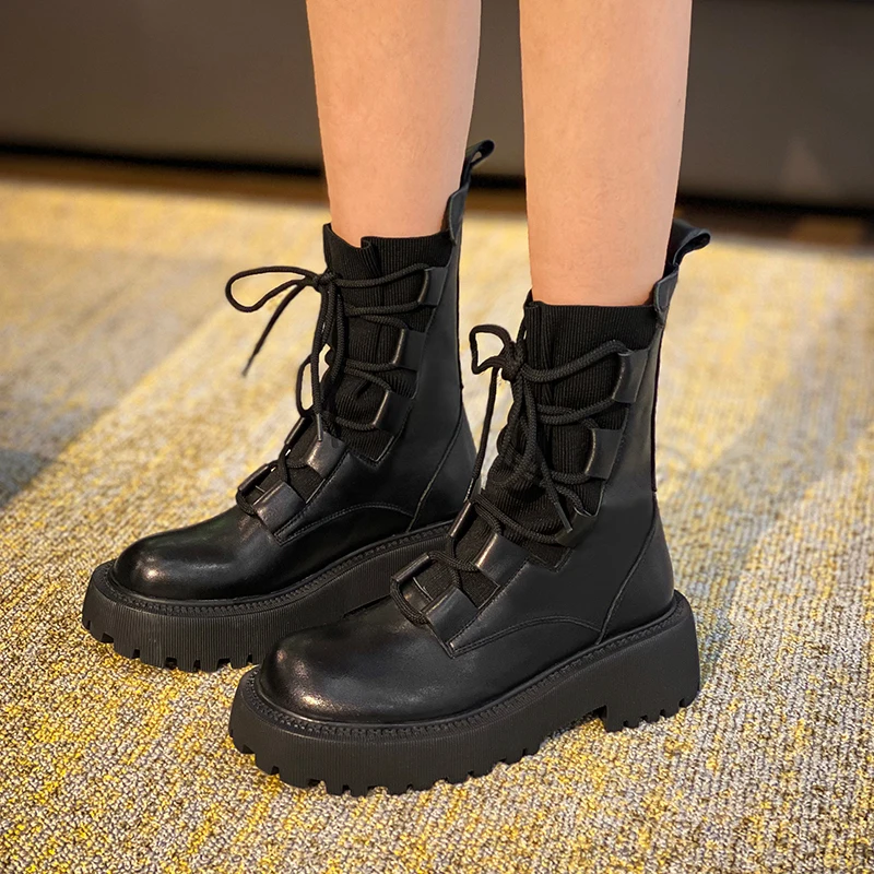 

2020 Autumn/Winter New Martin boots female platform motorcycle boots front lacing high top elastic socks boots X554