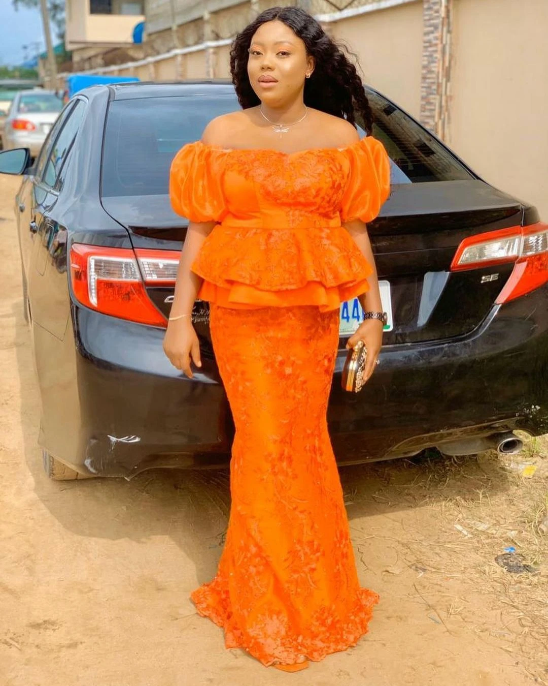 

Orange Mermaid Aso Ebi Prom Dresses Plus Size Short Sleeves Satin Floor Length Long Women Evening Gowns Custom Made 2022
