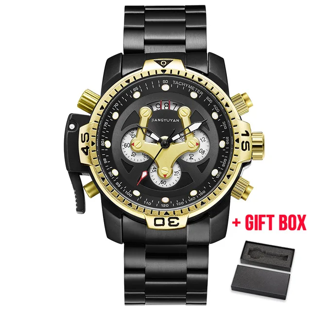 JYY gold w box Лидирующий бренд, роскошные модные мужские часы, кварцевые часы для мужчин, бизнес, военный хронограф, наручные часы, Relogio Masculino erkek kol saati - Цвет: JYY gold w box