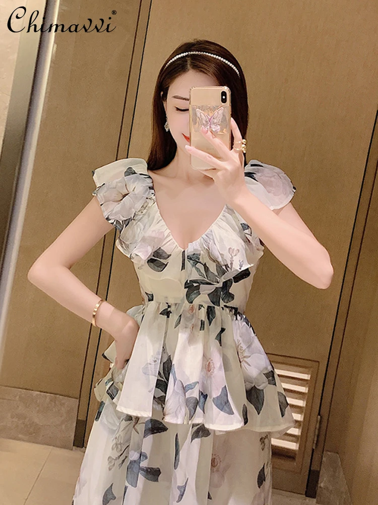 

2021 Summer Women New Floral Print All-Matching Chiffon Long Dress Ruffled Sleeveless Slimming White Dress