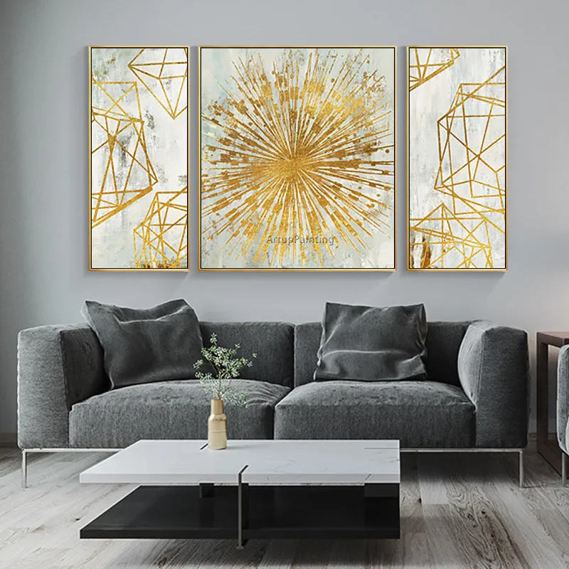 3 шт. абстрактные акриловые картины геометрической формы большие золотые
