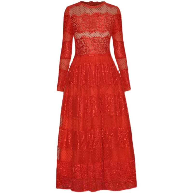 

Designer High Quality 2021 Autumn Women's Fashion Party Casual Sexy Nightclub Vintage Elegant Chic gentlewoman Red Lace Dress