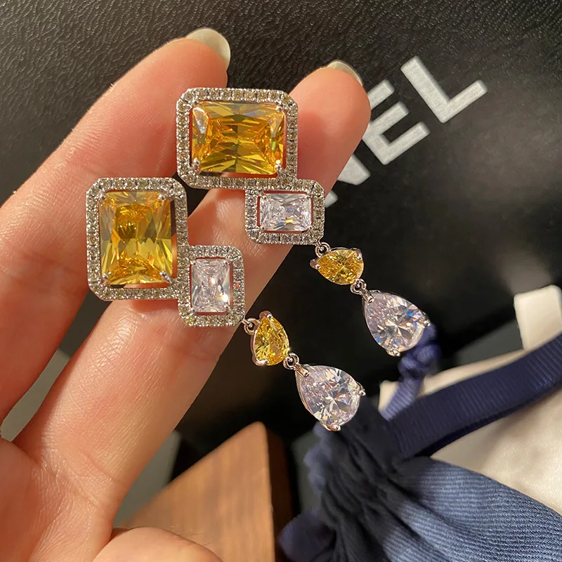 

Luxury Square Drop Earrings Inlay AAA Yellow Crystal Zircon 925 Silver Fashion Jewelry For Women Wedding Party Birthday Gifts