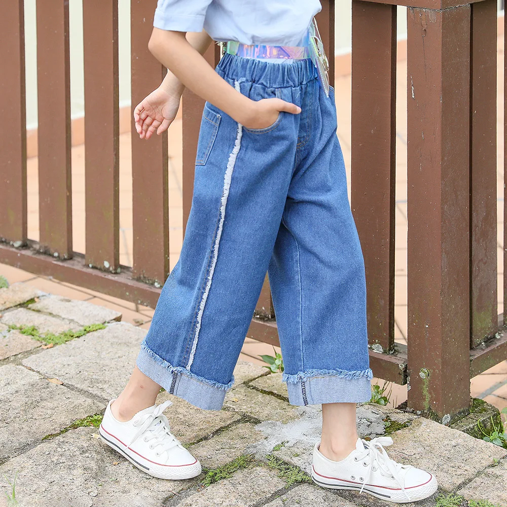 

Girls Blue Jeans Wide Leg Pants Autumn 2019 Wash Tassel Trousers New Children's Korean Casual Mid Elastic Waist Denim Jeans
