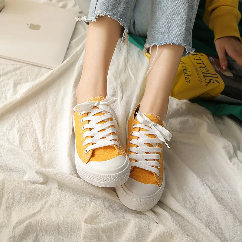 Harajuku Wild Canvas Shoes Yellow White Sneakers Women Spring Casual New Flat Shoes Red Black Round Toe Flats Female Comfort