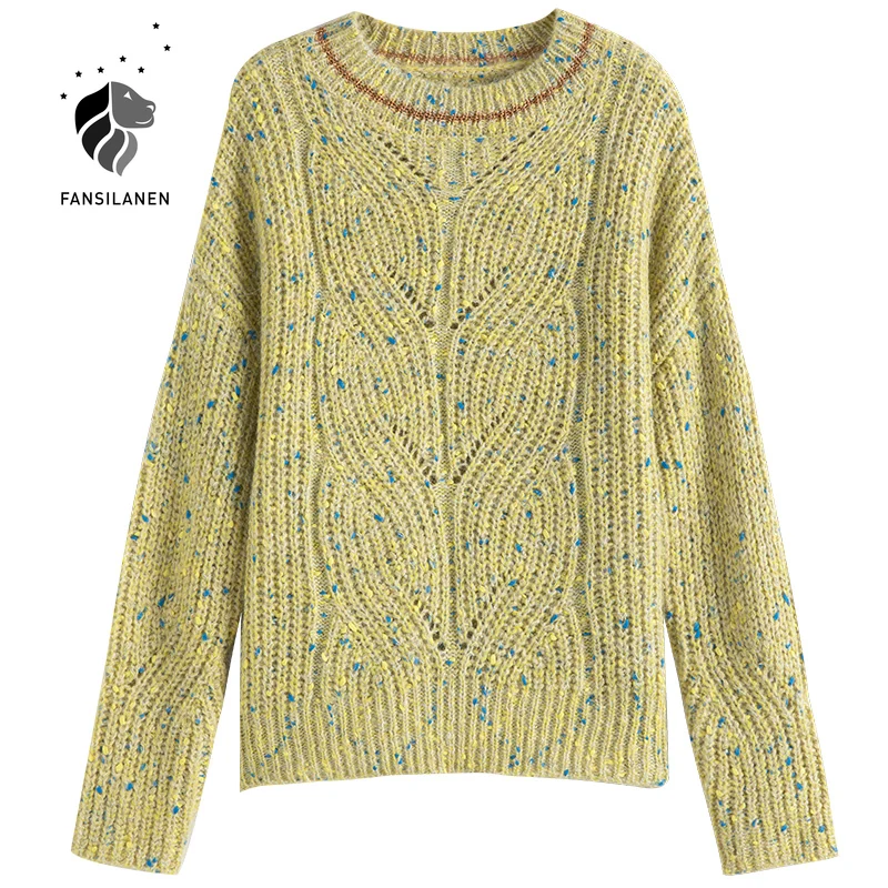 

FANSILANEN Hollow out polka dot knitted sweater Women autumn winter casual yellow pullover Female oversize vintage blue jumper