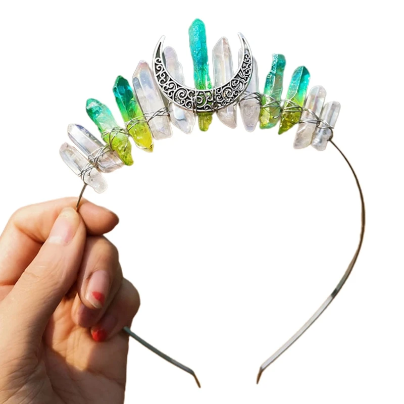 

Bridal Jewelry Headband Multicolored Raw Crystal Vintage Moon Witch Hair Hoop X7XC