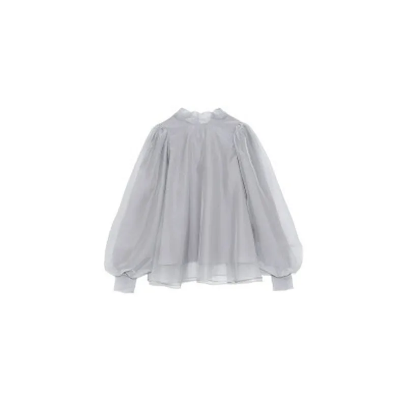

O Neck Lantern Long Sleeve Pullover Blouse Women Spring 2021 New Solid Ol Slim Blusas Elegant Feminino Mesh Patchwork Shirt