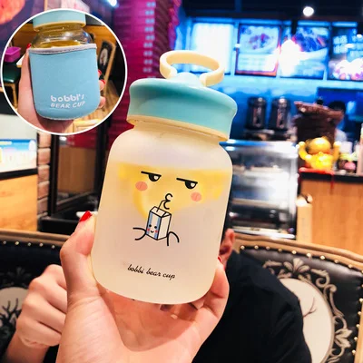 Frosted milk Kawaii стеклянная бутылка для воды, портативная чашка с милым медведем, чайное ситечко, герметичная Питьевая Бутылка для девочек, студентов, детей - Цвет: Frosted milk