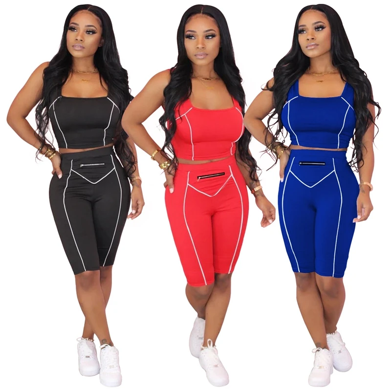 

Women Sporty Striped Splicing Two Pieces Sets Summer Tracksuits Tank Tops Knee Length Skinny Leggings Pants