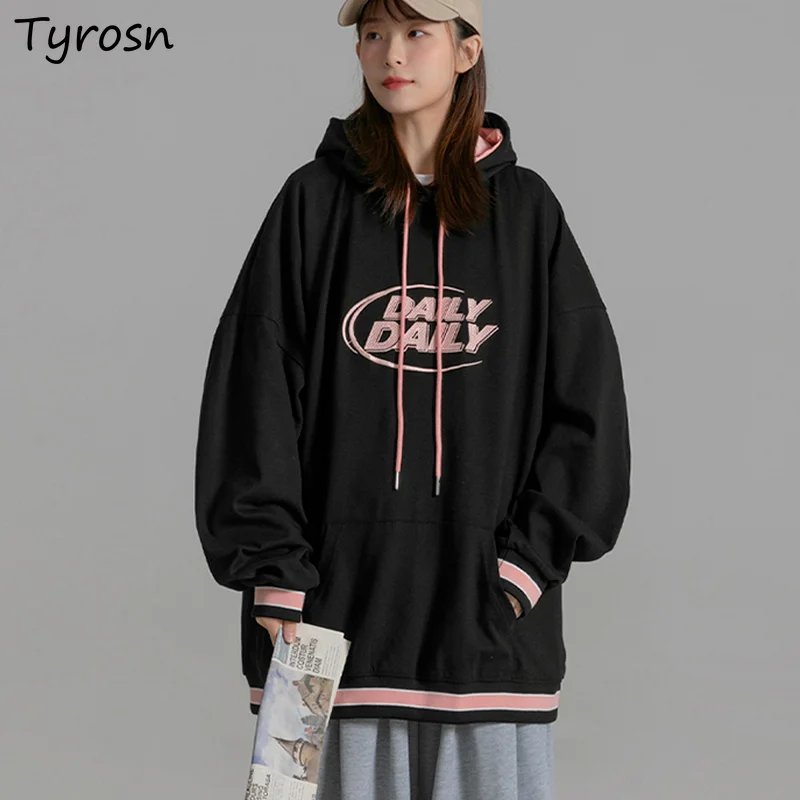 

Women Hoodies Double-layer Hat Design Embroidery Fake Two Piece Gym Sweatshirts Hooded Retro All-match Ulzzang Femme Streetwear
