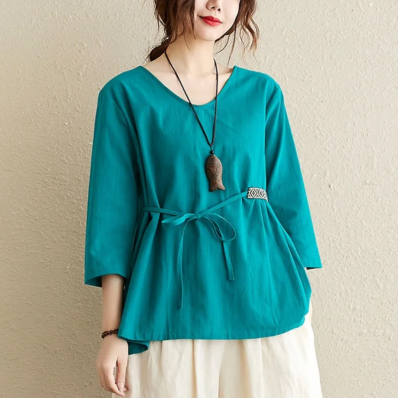 

Women Cotton Linen Casual T-shirts New Arrival 2021 Summer Vintage Style V-neck Solid Color Loose Female Tops Tees S3774