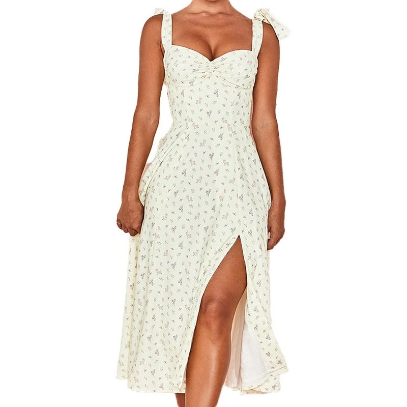 

Women's Fashion V-neck Strap Tie-Shoulder Floral Backless Slit Bottoming Dress