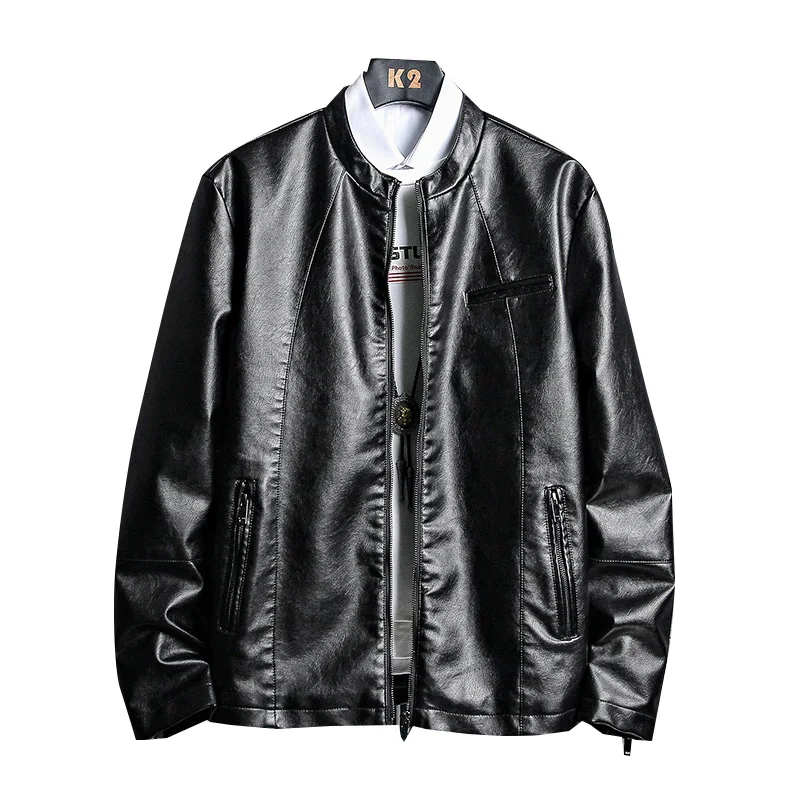 

New Men's Leather Jackets Autumn Casual Motorcycle PU Jacket Biker Round Neck Coats Brand Clothing