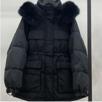 2020 new east gate drawstring waist white duck down down jacket with thick cap and fox hair collar coat