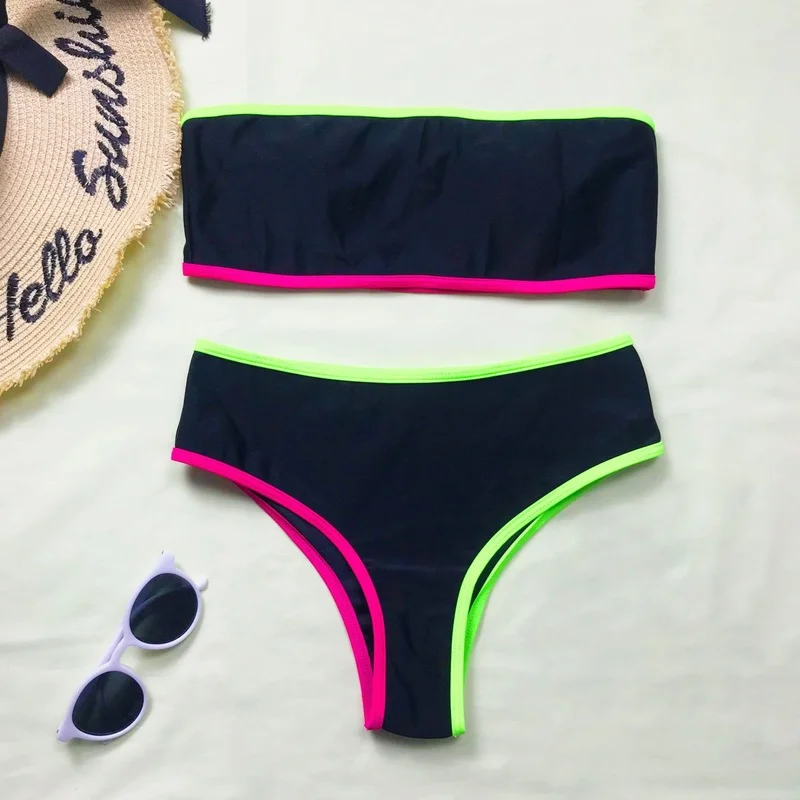 

European and American New Swimsuit Contrast Stitching Tube Top Sexy Split Bikini Bikini Swimsuit Women