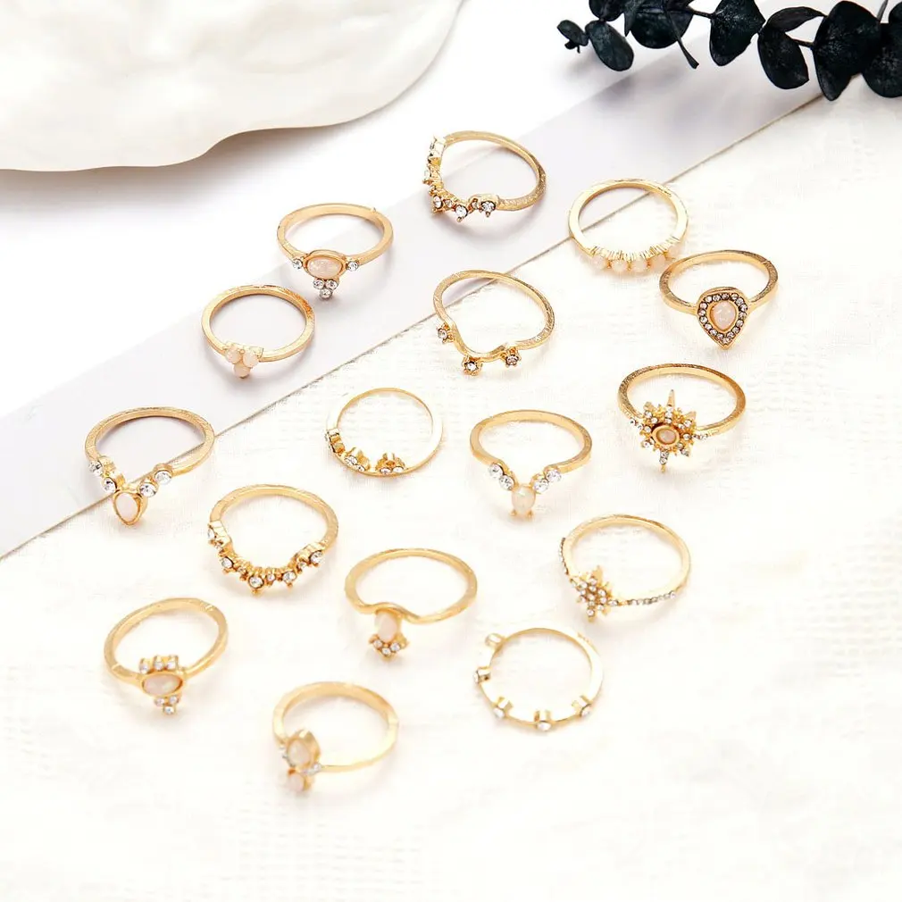 16 шт./компл. богемное Ретро Кристалл цветок листья полый Лотос кольцо с камнем