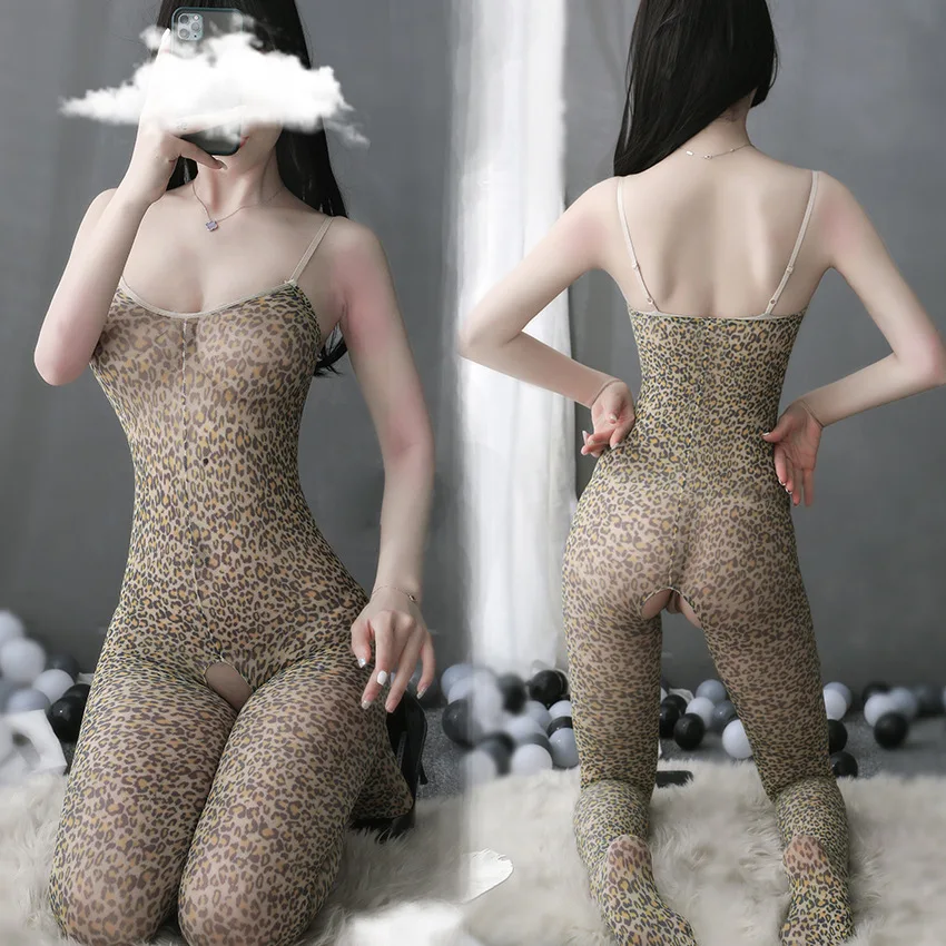 

Эротическое нижнее белье с леопардовым принтом на бретельках, сексуальное обтягивающее боди, чулки для секса, 18