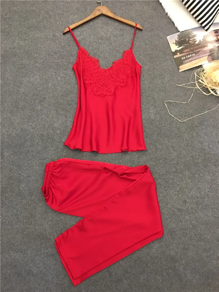 2019 Женская шелковая пижама комплект летней и осенней кружевной пижамы без