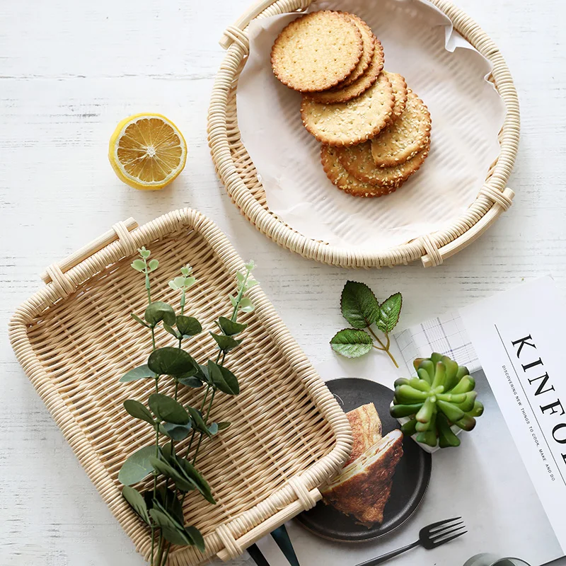 Из Ротанга ручной лоток с ручкой круглая квадратная Портативный хлеб контейнер