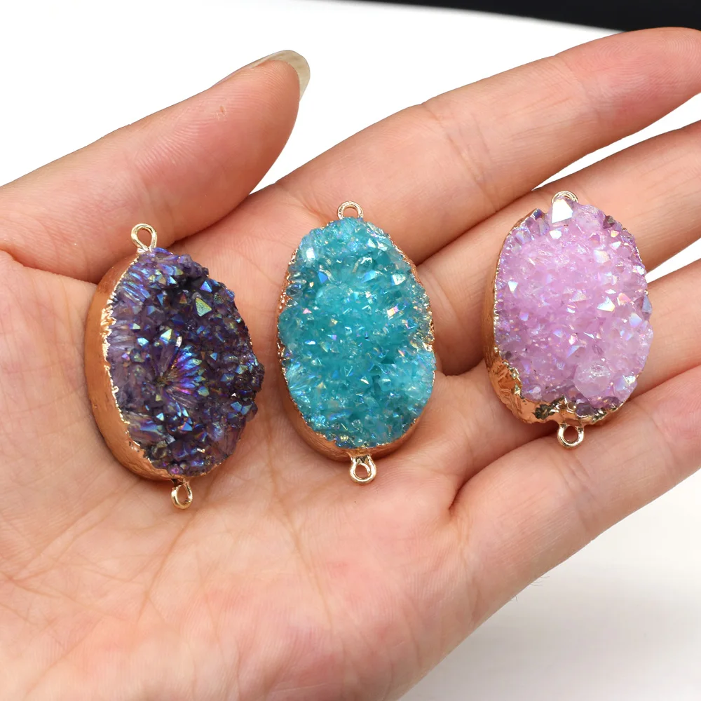 

Trendy Natural Druzys Agates Pendant Elliptical Crystal Double Hole Connector Charms for Jewelry Making DIY Necklace Bracelet