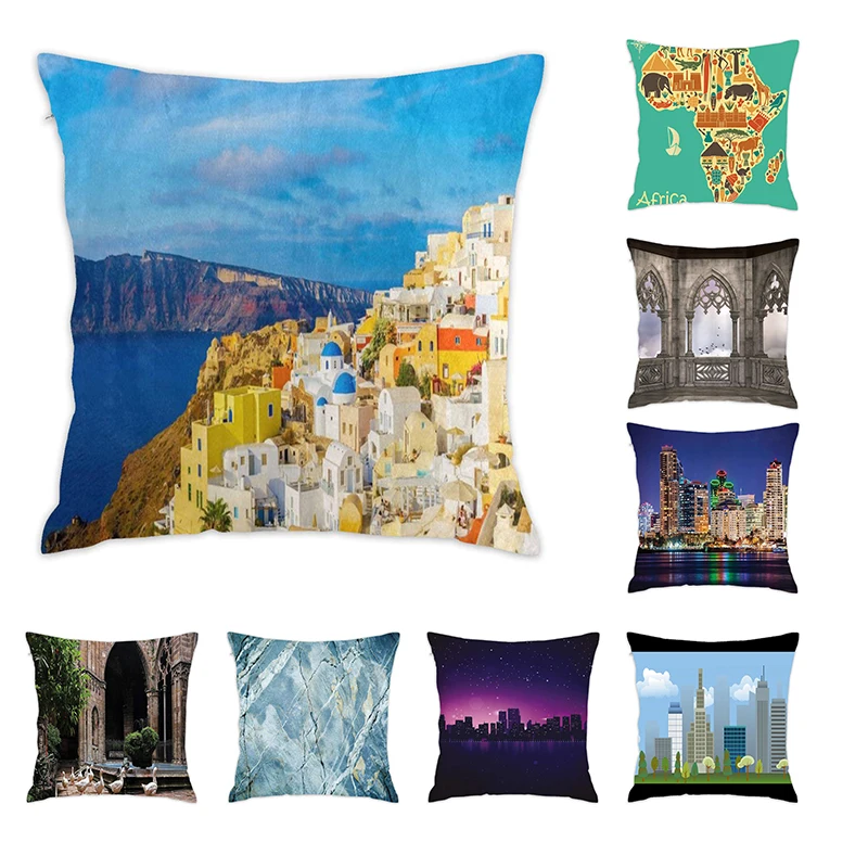 

[Douladou] Famous Europe Building Art Pillow Case Waist Soft Room Sleeping Pillowcase Cotton Plush Throw Pillow Case 45x45cm